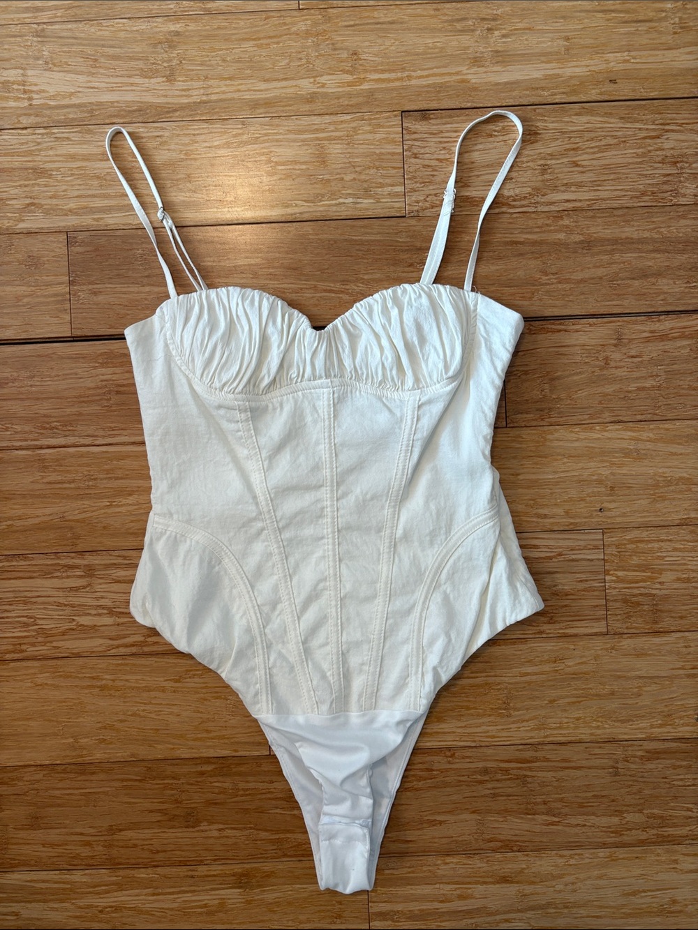 Zara White Sweet Heart Linen Bodysuit with Adjustable Straps